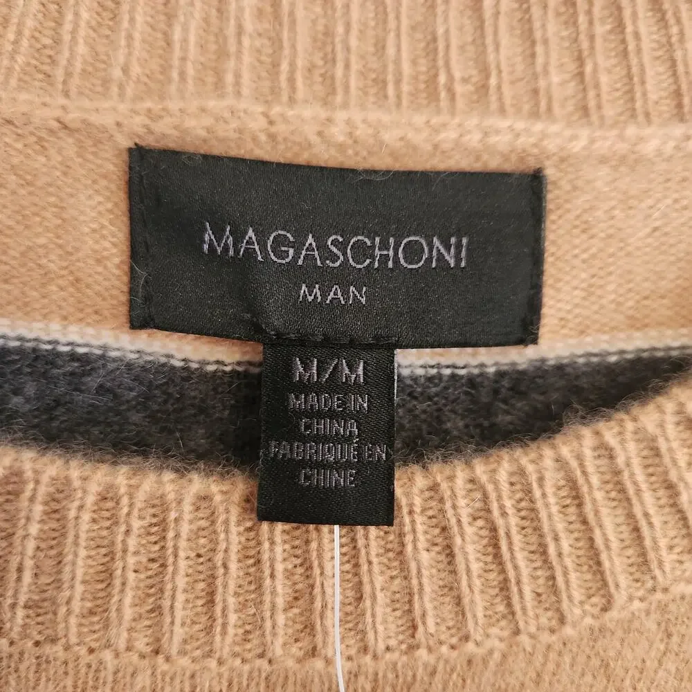 Magaschoni Man Men's Size Medium 100% Cashmere Tan/Navy‎ Striped Long Sleeve NWT